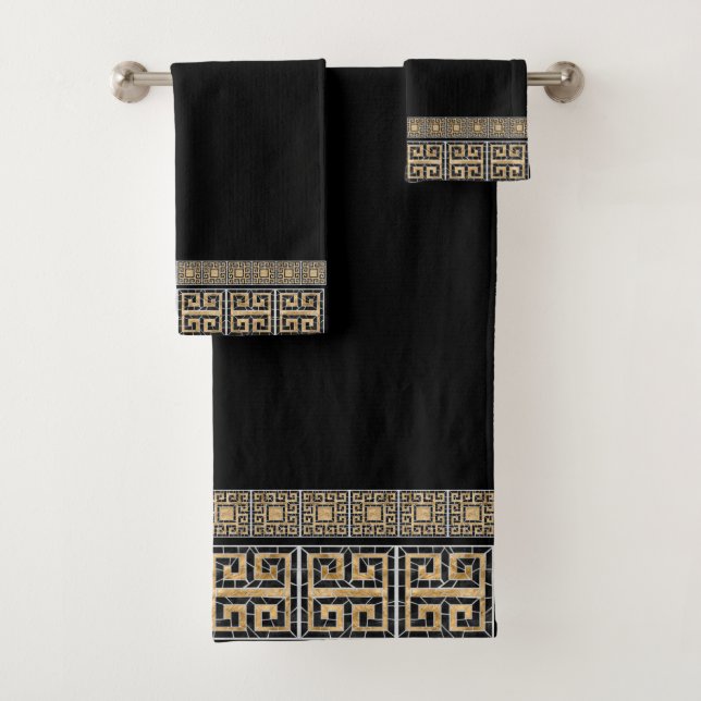 Greek Broken Tile Mosaic Black and gold Bath Towel Set (Insitu)