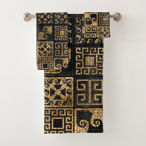 Greek Broken Tile Mosaic Black and gold Bath Towel Set