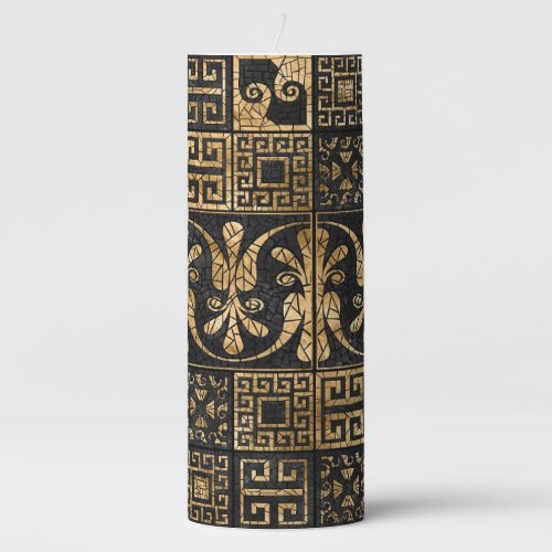 Greek Broken Tile Mosaic Black and gold Pillar Candle