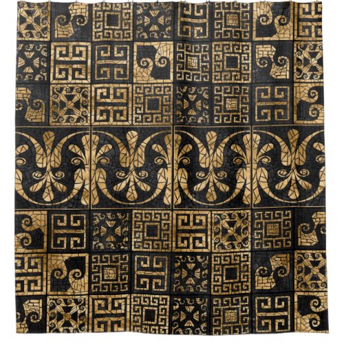 Greek Broken Tile Mosaic Black and gold Shower Curtain