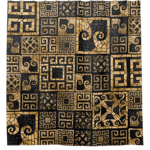 Greek Broken Tile Mosaic Black and gold Shower Curtain