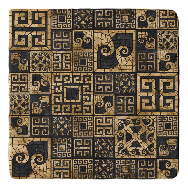 Greek Broken Tile Mosaic Black and gold Trivet (Front)