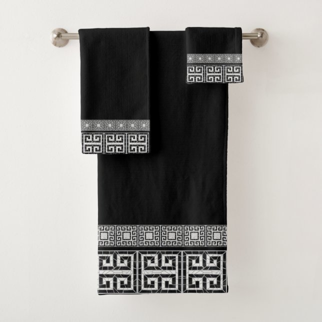 Greek Broken Tile Mosaic Black Marble Bath Towel Set (Insitu)