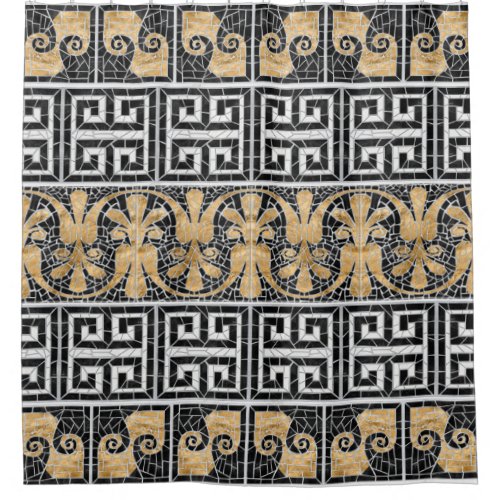 Greek Broken Tile Mosaic Black Marble Shower Curtain