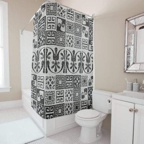 Greek Broken Tile Mosaic Black Marble Shower Curtain