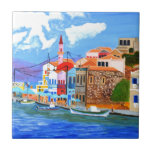 Greek coast ceramic tile<br><div class="desc">Mykonos is a Greek island, part of the Cyclades, lying between Tinos, Syros, Paros and Naxos, where tourism is a major industry. Mykonos is particularly renowned for its cosmopolitan nightlife; many international celebrities visit the island every summer.</div>