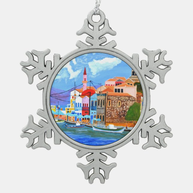 Greek Coast  Snowflake Pewter Christmas Ornament (Front)