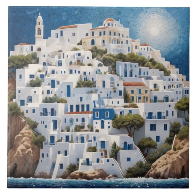 Greek Coastal Village Greece Sea Mountain Houses Ceramic Tile (Front)