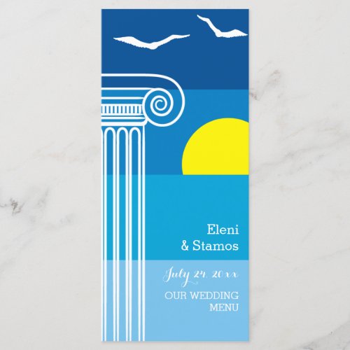 Greek columns and seagulls beach wedding menu card