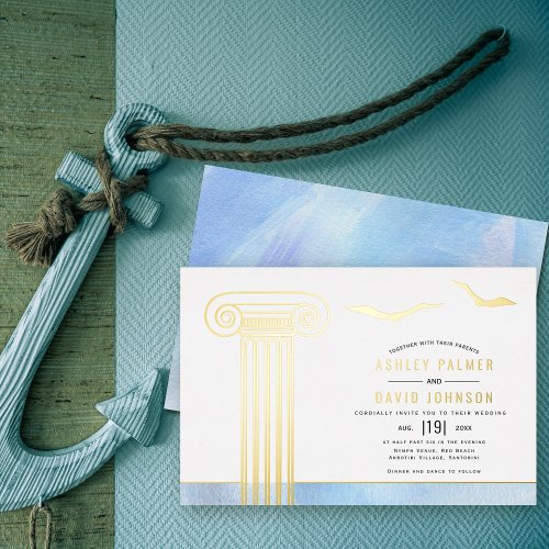 Greek columns and seagulls beach wedding real gold foil invitation