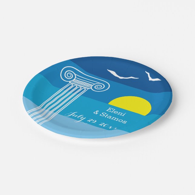 Greek columns and seagulls Greek beach wedding Paper Plates (Angled)