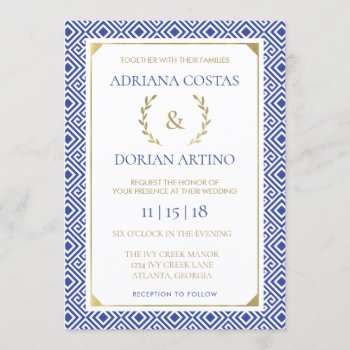 Greek Elegance Wedding Invitation  Blue  Gold Invitation by DeReimerDeSign at Zazzle