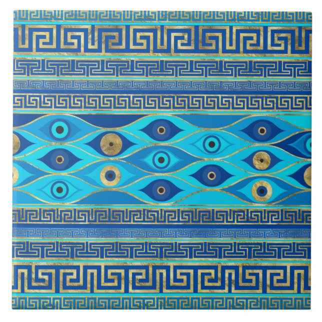 Greek Evil Eye and Greek Key ornament Ceramic Tile (Front)