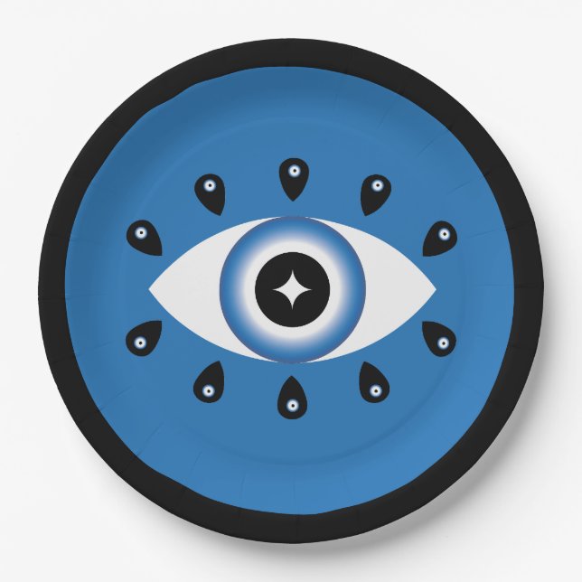 Greek Evil Eye Blue Black White Paper Plates (Front)