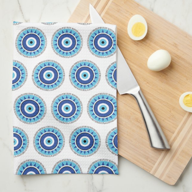 Greek Evil Eye Blue White Kitchen Towel (Quarter Fold)