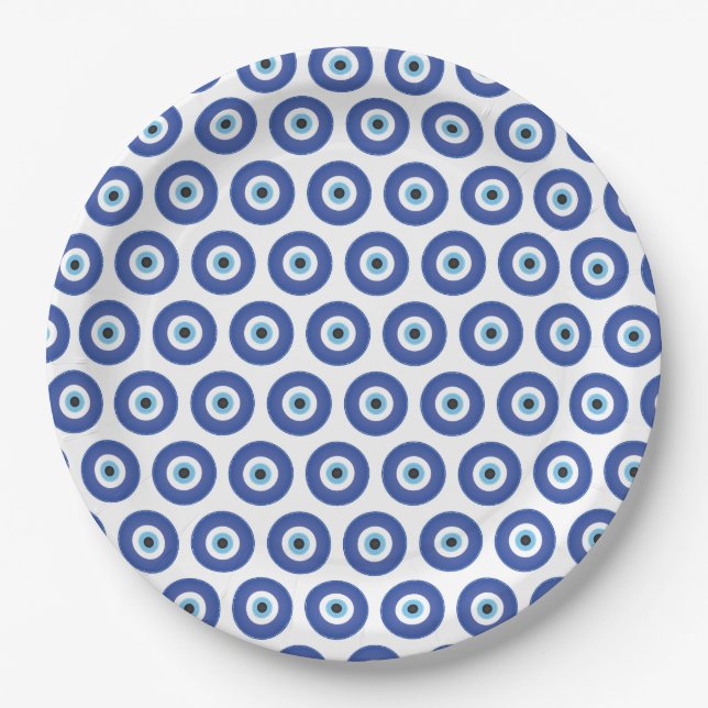 Greek Evil Eye Blue White Paper Plates (Front)