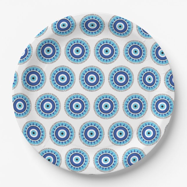 Greek Evil Eye Blue White Paper Plates (Front)
