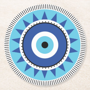 Greek Evil Eye Blue White Round Paper Coaster