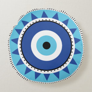 Greek Evil Eye Blue White Round Pillow
