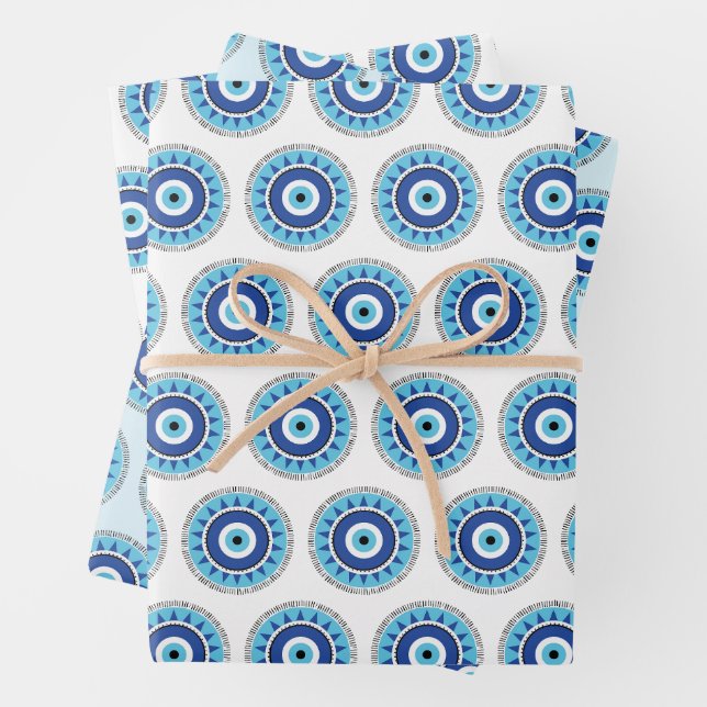 Greek Evil Eye Blue White Wrapping Paper Sheets (In situ)