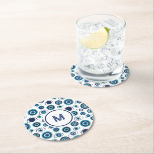 Greek Evil Eye Coastal Blue White Round Paper Coaster