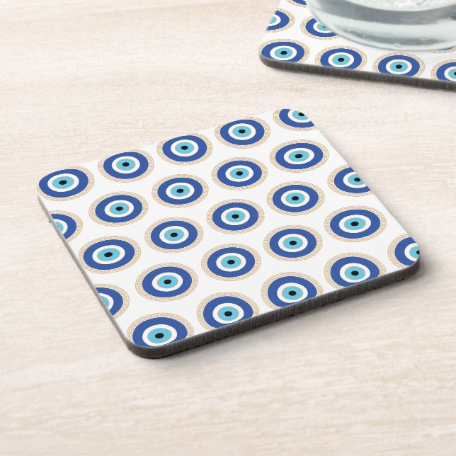 Greek Evil Eye In Greek Key Beverage Coaster (Left Side)