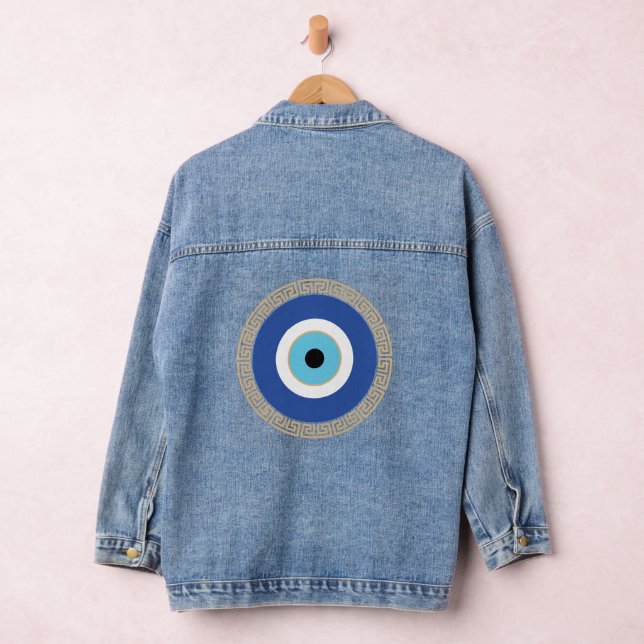 Greek Evil Eye In Greek Key Denim Jacket (Hangar)