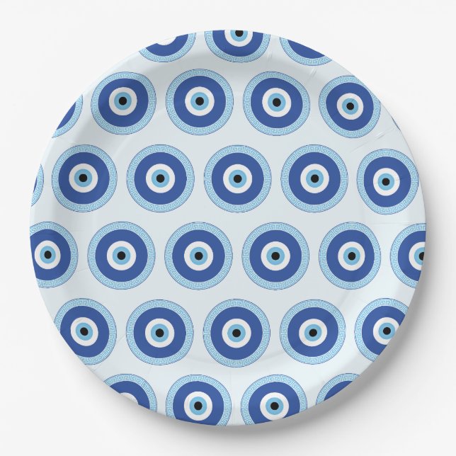 Greek Evil Eye In Greek Key Paper Plates (Front)