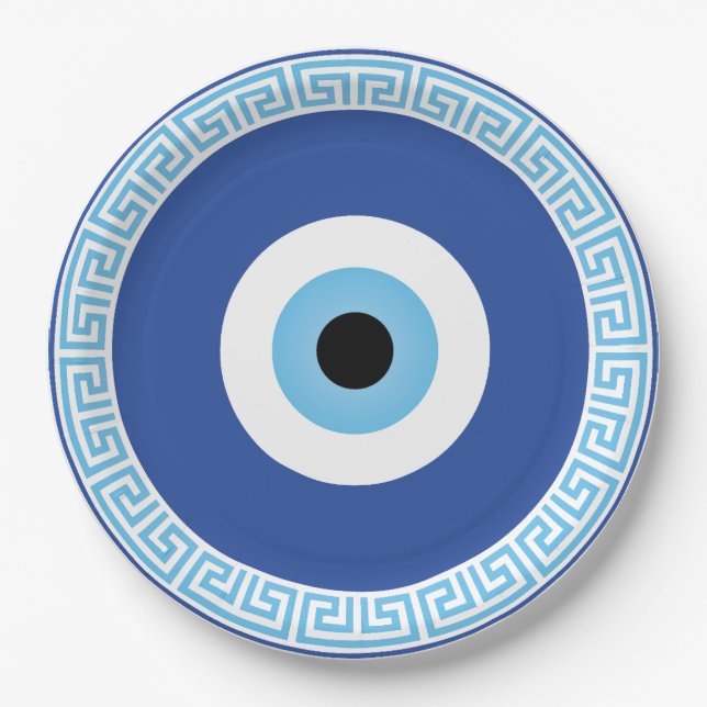 Greek Evil Eye In Greek Key Paper Plates (Front)
