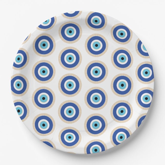 Greek Evil Eye In Greek Key Paper Plates (Front)