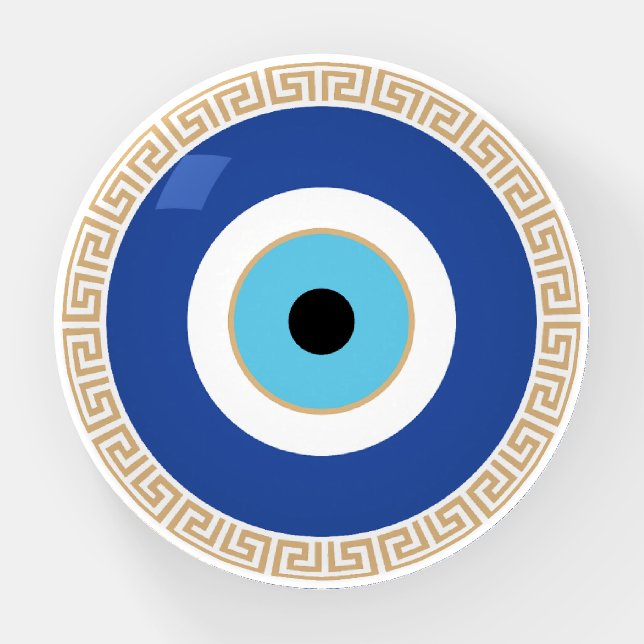 Greek Evil Eye In Greek Key Paperweight (Front)