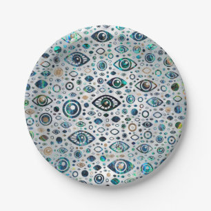 Greek Evil Eye pattern Abalone shell and gold Paper Plates