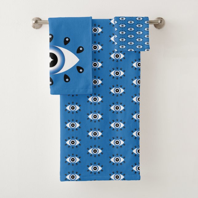 Greek Evil Eye Pattern Blue Black White Bath Towel Set (Insitu)