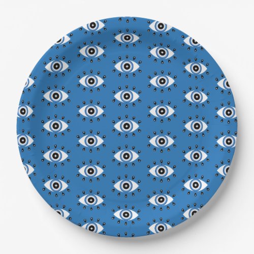 Greek Evil Eye Pattern Blue Black White Paper Plates