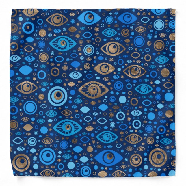 Greek Evil Eye pattern Blues and Gold Bandana (Front)
