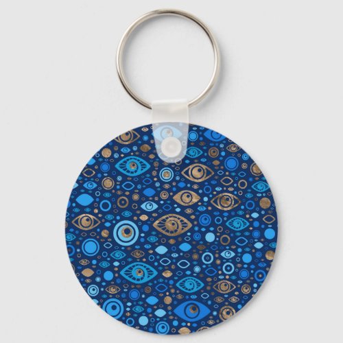 Greek Evil Eye pattern Blues and Gold Keychain