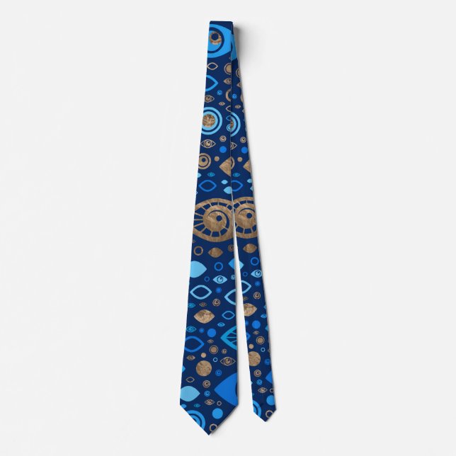 Greek Evil Eye pattern Blues and Gold Neck Tie (Front)