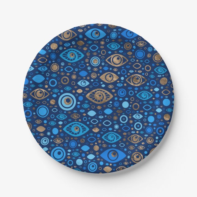 Greek Evil Eye pattern Blues and Gold Paper Plates (Front)