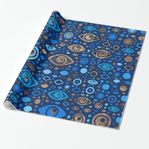 Greek Evil Eye pattern Blues and Gold Wrapping Paper