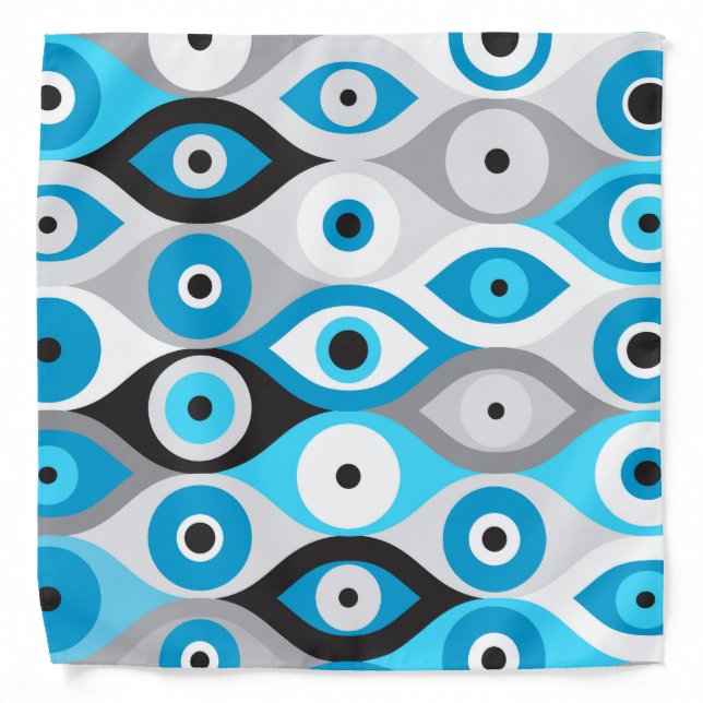 Greek Evil Eye pattern Blues and Greys Bandana (Front)