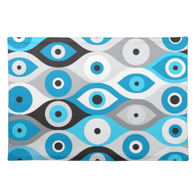 Greek Evil Eye pattern Blues and Greys Cloth Placemat (Front)