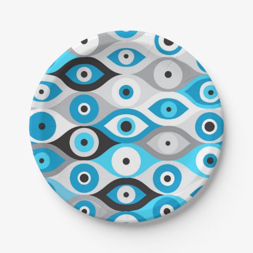 Greek Evil Eye pattern Blues and Greys Paper Plates