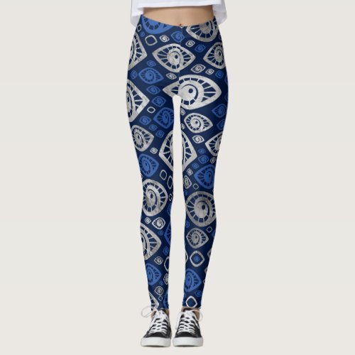 Greek Evil Eye pattern Blues and Silver 1 Leggings