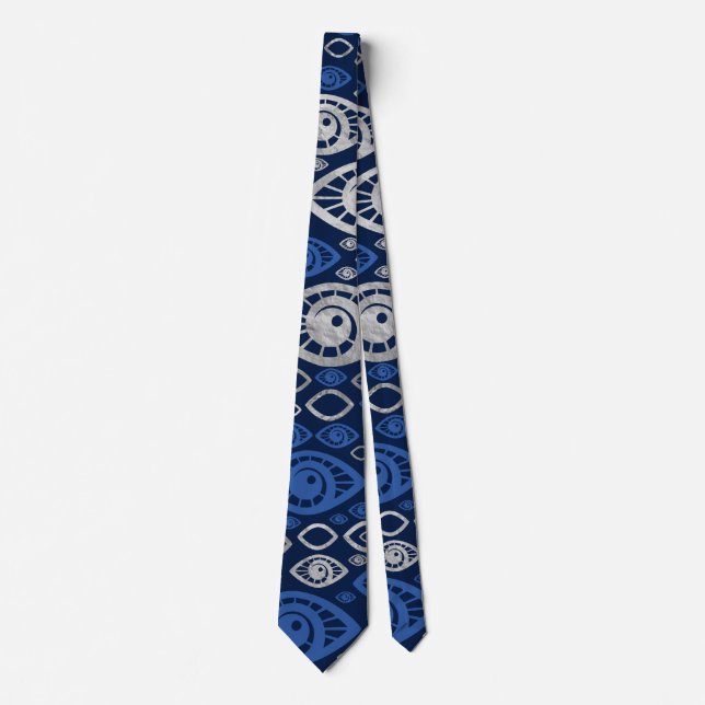 Greek Evil Eye pattern Blues and Silver #1 Neck Tie (Front)