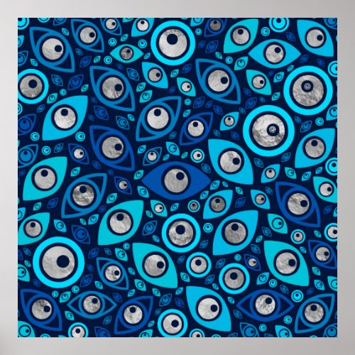 Greek Evil Eye pattern Blues and Silver 2 Poster