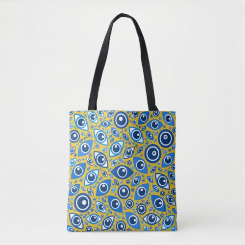 Greek Evil Eye pattern Blues on Yellow Tote Bag