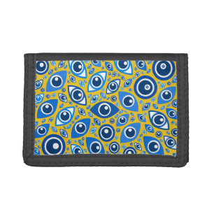 Greek Evil Eye pattern Blues on Yellow Tri-fold Wallet