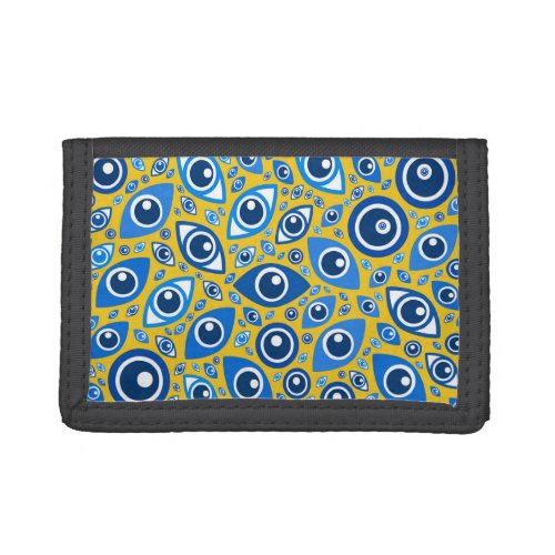 Greek Evil Eye pattern Blues on Yellow Trifold Wallet