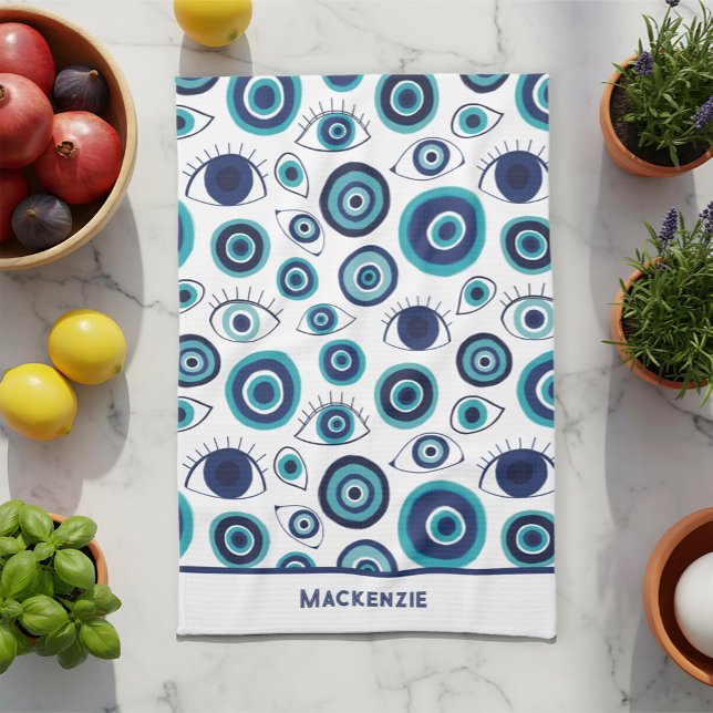 Greek Evil Eye Pattern Custom Blue White  Kitchen Towel (Creator Uploaded)