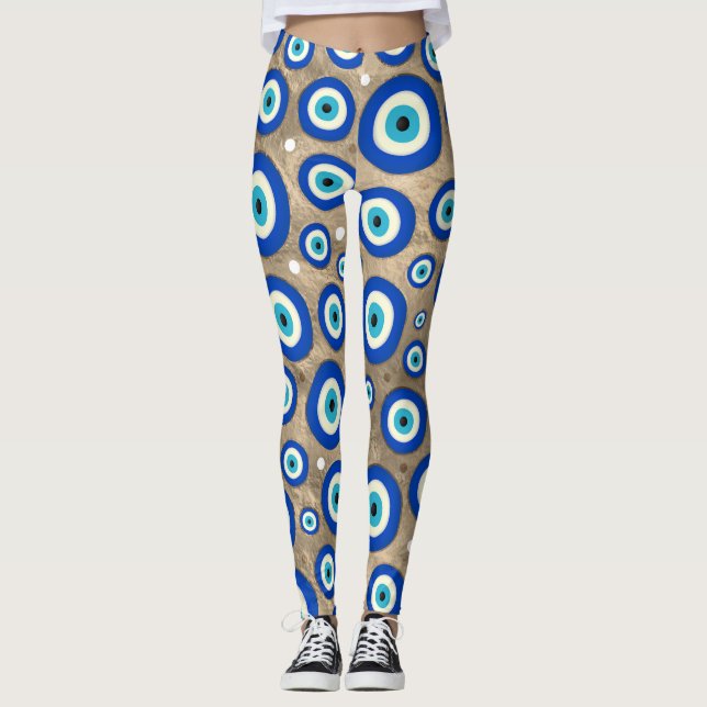 Greek Evil Eye pattern pastel gold background Leggings (Front)